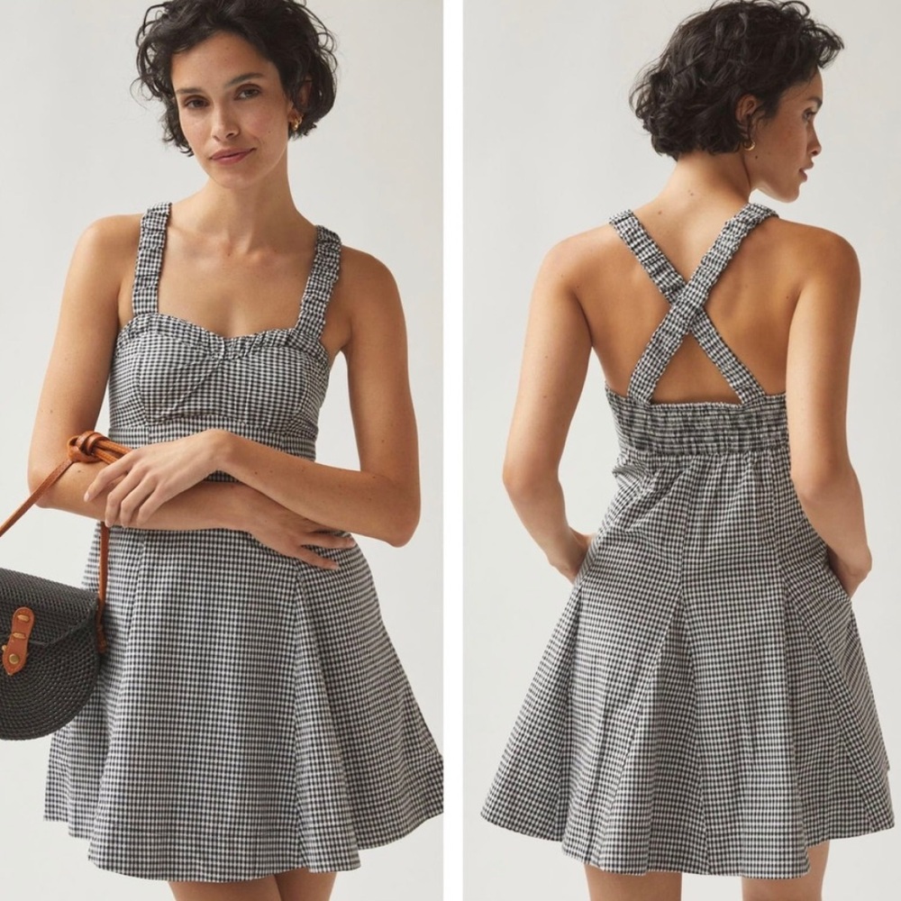 Anthropologie Maeve Sweetheart Mini Dress Gingham Black White Aline Medium